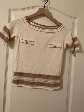 Cream Knit Top with Tan Trim by Marciano